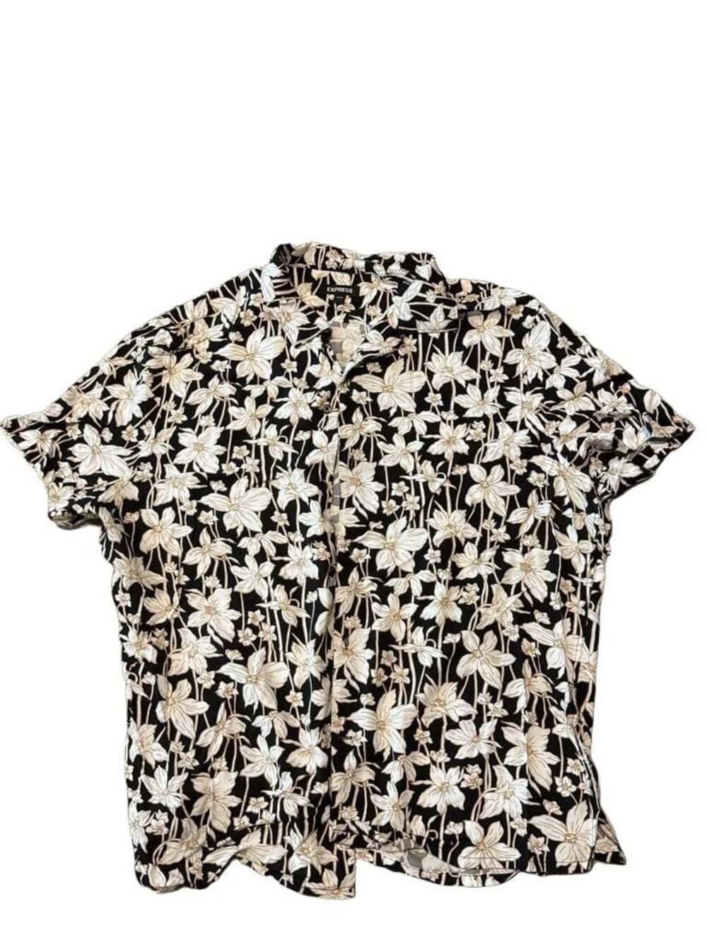 Express Floral Camp Shirt Men's L Black White Short Sleeve Button Front